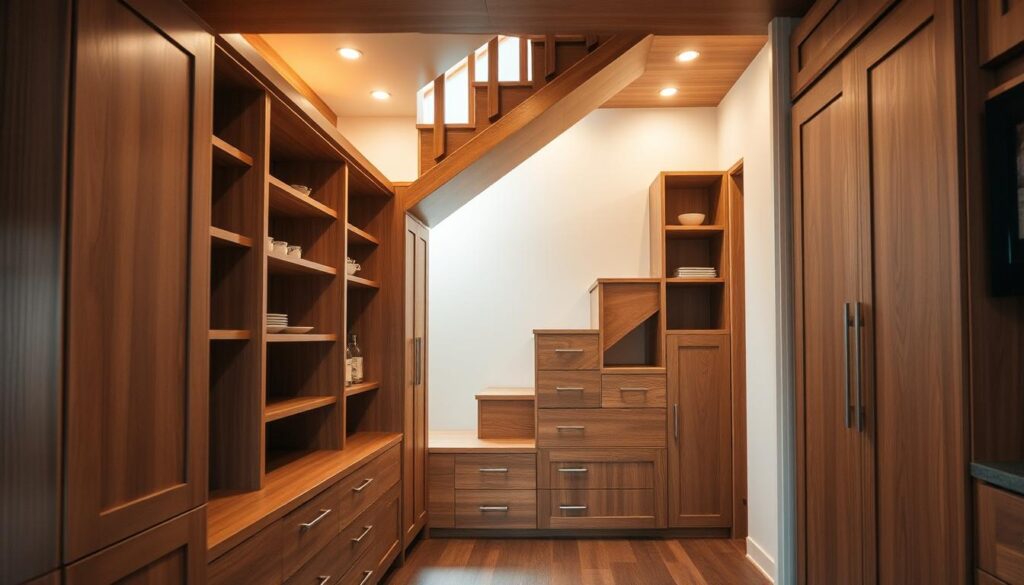 a meticulously designed under-stairs kitchen storage solution, showcasing a neatly arranged array of shelves, drawers, and cabinets optimizing the available space in a warm, cozy atmosphere. the foreground features an elegant wooden cabinet with a combination of open and closed storage, complemented by sleek metal pulls. the middle ground reveals additional compartments and cubbyholes seamlessly integrated into the stairwell's architecture, creating a harmonious and functional layout. the background is softly lit, casting a gentle glow and emphasizing the rich wood tones and clean, minimalist aesthetic. the entire scene conveys a sense of efficiency, organization, and a thoughtful approach to maximizing the potential of this often-overlooked nook in a small kitchen.