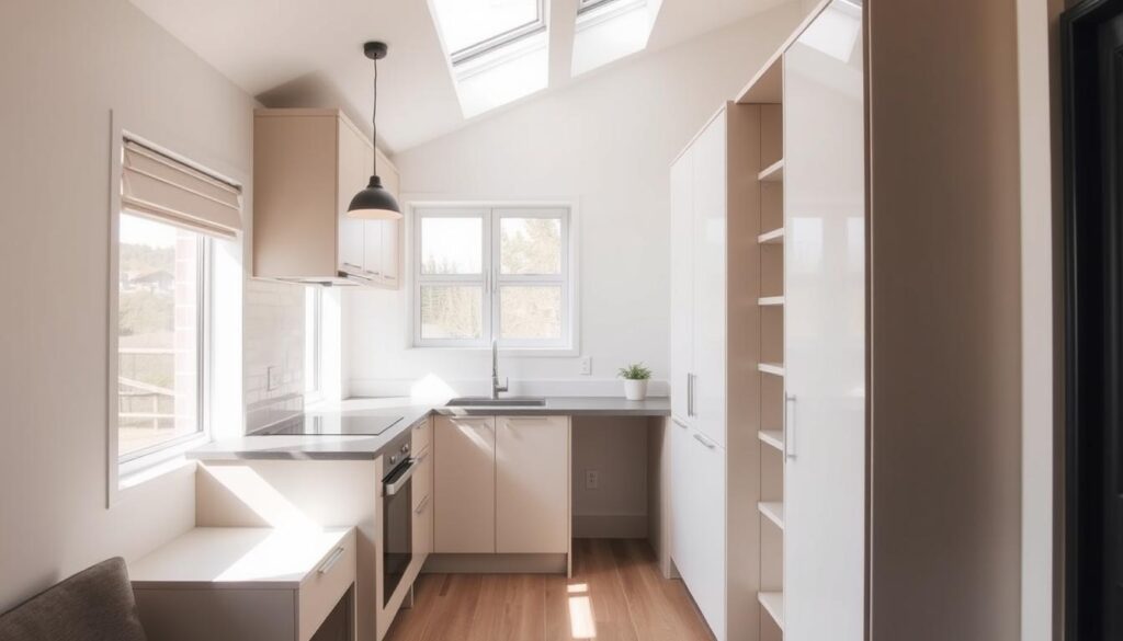 a modern, efficient kitchen layout for a small space, featuring sleek, minimalist cabinets with hidden storage solutions. The layout utilizes the available space effectively, with a compact countertop, a single-basin sink, and a small stove or cooktop. The room is bathed in natural light, with large windows or a skylight, creating a bright and airy atmosphere. The floor is a neutral-toned, easy-to-clean material, and the walls are painted in a calming, light color scheme. Subtle pendant lighting or under-cabinet lighting provides task-oriented illumination, while a few well-placed shelves or a narrow pantry cabinet maximize storage potential. The overall design is clean, functional, and tailored to the needs of a small kitchen, perfect for the "Employ Hidden Storage Solutions" section of the article. a modern, efficient kitchen layout for a small space, featuring sleek, minimalist cabinets with hidden storage solutions. The layout utilizes the available space effectively, with a compact countertop, a single-basin sink, and a small stove or cooktop. The room is bathed in natural light, with large windows or a skylight, creating a bright and airy atmosphere. The floor is a neutral-toned, easy-to-clean material, and the walls are painted in a calming, light color scheme. Subtle pendant lighting or under-cabinet lighting provides task-oriented illumination, while a few well-placed shelves or a narrow pantry cabinet maximize storage potential. The overall design is clean, functional, and tailored to the needs of a small kitchen, perfect for the "Employ Hidden Storage Solutions" section of the article.