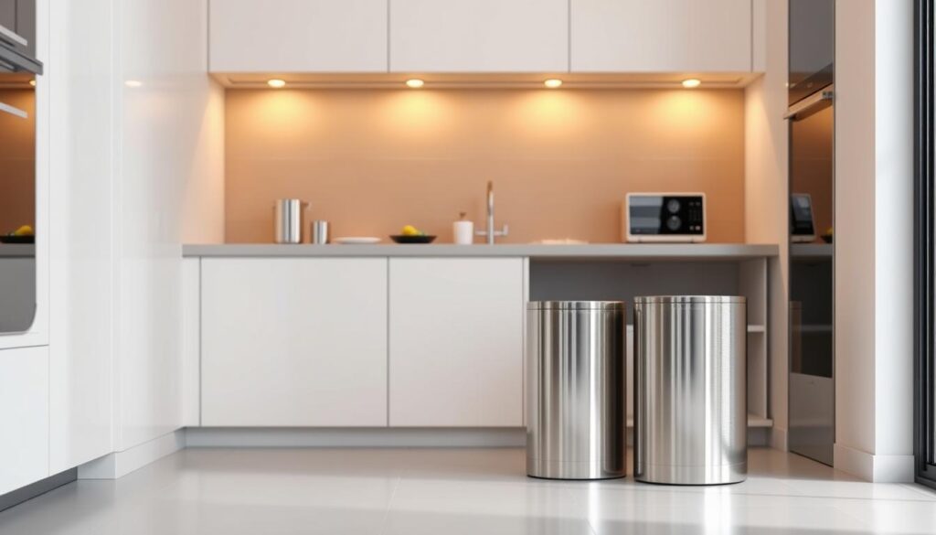 a sleek, minimalist kitchen space with a set of compact, space-saving trash cans in the foreground, their stainless steel surfaces gleaming under warm, directional lighting. The cans are strategically placed in a corner or under a counter, blending seamlessly with the clean, modern kitchen design. The middle ground features a well-organized kitchen layout with minimal clutter, while the background showcases a serene, natural-toned tile or wood backsplash, creating a calming, efficient atmosphere. The overall composition emphasizes the practical integration of these compact trash receptacles within a small, high-functioning kitchen. a sleek, minimalist kitchen space with a set of compact, space-saving trash cans in the foreground, their stainless steel surfaces gleaming under warm, directional lighting. The cans are strategically placed in a corner or under a counter, blending seamlessly with the clean, modern kitchen design. The middle ground features a well-organized kitchen layout with minimal clutter, while the background showcases a serene, natural-toned tile or wood backsplash, creating a calming, efficient atmosphere. The overall composition emphasizes the practical integration of these compact trash receptacles within a small, high-functioning kitchen.