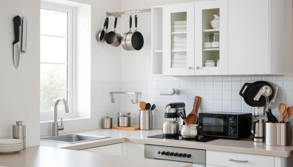 a small kitchen with minimalist, organized counter space and storage hacks. Foreground shows neatly arranged kitchen tools and appliances on the counter, utilizing vertical space with a wall-mounted magnetic knife rack and hanging pots and pans. Middle ground features clean, white cabinetry with open shelving displaying labeled glass jars and neatly folded dish towels. Background has a bright, airy feel with natural light streaming in from large windows, highlighting the efficient and organized layout. The overall atmosphere is one of calm, minimalist practicality, showcasing clever ways to maximize limited kitchen real estate. a small kitchen with minimalist, organized counter space and storage hacks. Foreground shows neatly arranged kitchen tools and appliances on the counter, utilizing vertical space with a wall-mounted magnetic knife rack and hanging pots and pans. Middle ground features clean, white cabinetry with open shelving displaying labeled glass jars and neatly folded dish towels. Background has a bright, airy feel with natural light streaming in from large windows, highlighting the efficient and organized layout. The overall atmosphere is one of calm, minimalist practicality, showcasing clever ways to maximize limited kitchen real estate.