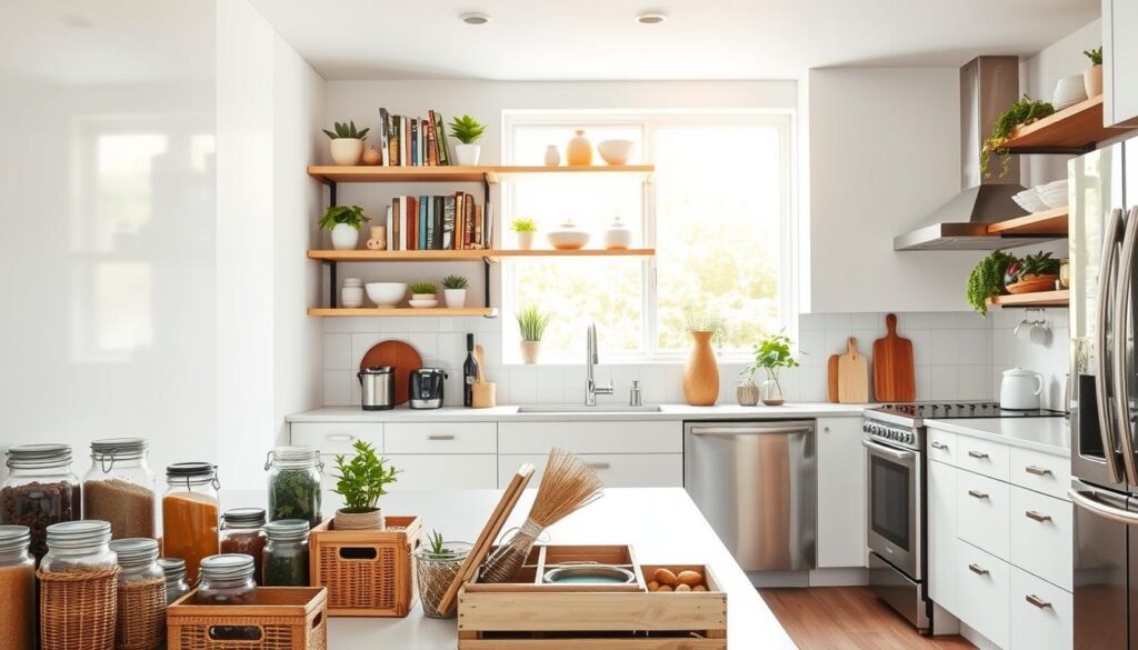 a spacious modern kitchen with clean white cabinets, open shelving, and a variety of low-cost storage solutions. in the foreground, a collection of glass jars, woven baskets, and wooden crates organize spices, herbs, and small kitchen items. in the middle ground, open shelving displays a colorful array of cookbooks, potted plants, and decorative ceramic pieces. the background features a large window flooding the space with warm natural light, and sleek stainless steel appliances complement the minimalist aesthetic. the overall mood is bright, airy, and functional, showcasing clever, budget-friendly ways to maximize storage and organization in a small kitchen. a spacious modern kitchen with clean white cabinets, open shelving, and a variety of low-cost storage solutions. in the foreground, a collection of glass jars, woven baskets, and wooden crates organize spices, herbs, and small kitchen items. in the middle ground, open shelving displays a colorful array of cookbooks, potted plants, and decorative ceramic pieces. the background features a large window flooding the space with warm natural light, and sleek stainless steel appliances complement the minimalist aesthetic. the overall mood is bright, airy, and functional, showcasing clever, budget-friendly ways to maximize storage and organization in a small kitchen.