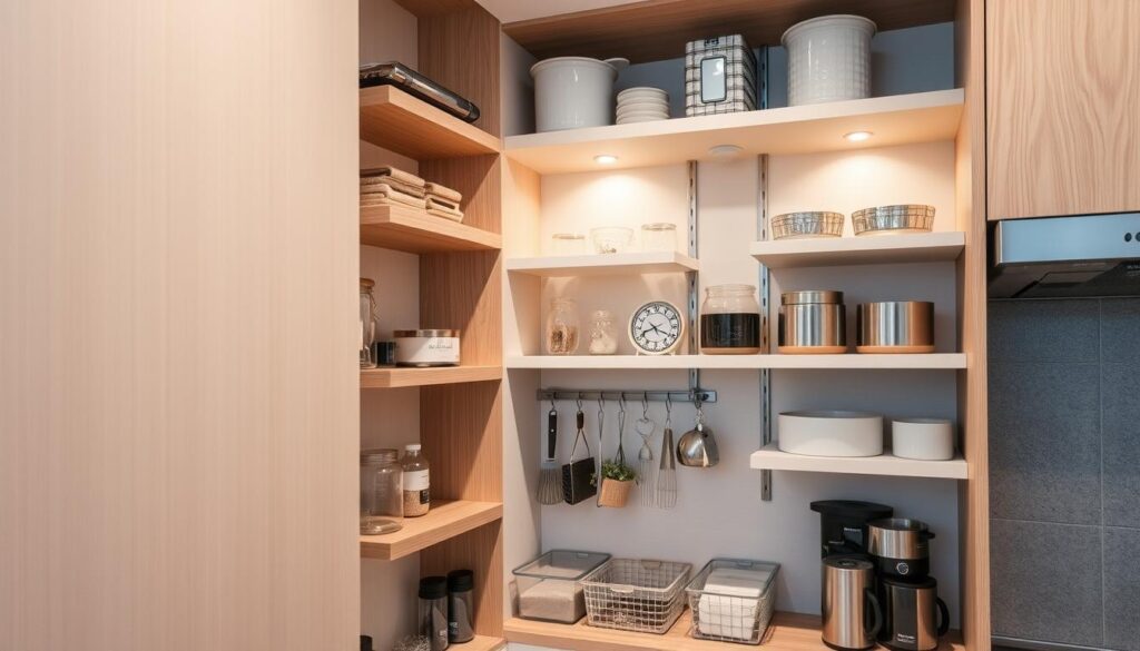 compact kitchen storage ideas, well-organized corner cabinet with various shelves, hooks, and compartments, maximizing vertical space, modern minimalist design with clean lines, natural wood accents, soft indirect lighting illuminating the shelves, high-angle view highlighting the efficient layout, showcasing creative storage solutions for a small kitchen