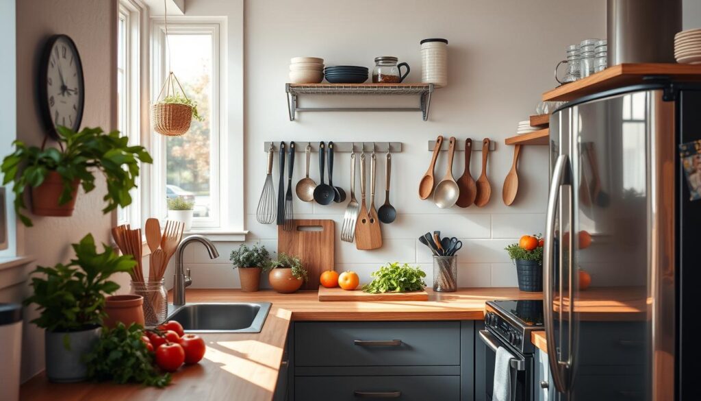 kitchen with magnetic storage strips on wall, stainless steel appliances, wooden countertops, fresh produce and herbs, natural light streaming in through windows, minimalist decor, clean and organized space, compact overhead shelving, utensils neatly arranged, focus on magnetic strip as central feature, subtle warm tones, slightly elevated camera angle to showcase the entire kitchen setup