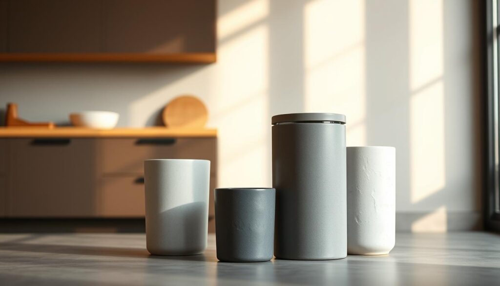 minimalist trash can designs, simple elegant steel or ceramic trash receptacles in muted tones, subtle textures, and clean lines, arranged in a minimalist kitchen setting with warm natural lighting, photographed from a low angle to highlight the compact size and functional design, conveying a sense of modern, streamlined elegance and thoughtful utility minimalist trash can designs, simple elegant steel or ceramic trash receptacles in muted tones, subtle textures, and clean lines, arranged in a minimalist kitchen setting with warm natural lighting, photographed from a low angle to highlight the compact size and functional design, conveying a sense of modern, streamlined elegance and thoughtful utility