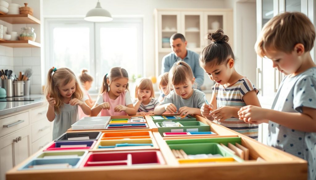 A bright, airy family kitchen with natural light streaming in. In the foreground, children of various ages are enthusiastically sorting, labeling, and organizing a set of drawers, their faces filled with concentration and pride. The middle ground showcases an array of DIY organization tools - colorful bins, dividers, and compartments, all within easy reach. In the background, a parent looks on approvingly, offering guidance and encouragement. The scene conveys a sense of collaboration, creativity, and the joy of working together to keep the kitchen tidy and functional. A bright, airy family kitchen with natural light streaming in. In the foreground, children of various ages are enthusiastically sorting, labeling, and organizing a set of drawers, their faces filled with concentration and pride. The middle ground showcases an array of DIY organization tools - colorful bins, dividers, and compartments, all within easy reach. In the background, a parent looks on approvingly, offering guidance and encouragement. The scene conveys a sense of collaboration, creativity, and the joy of working together to keep the kitchen tidy and functional.