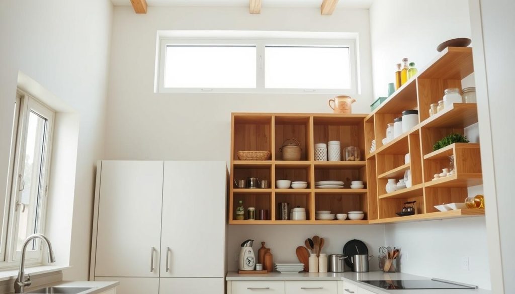 A bright, airy kitchen interior with a focus on maximizing vertical space for storage. The foreground features a tall, custom-built wooden shelving unit that extends from the countertop to the ceiling, showcasing an array of neatly organized kitchen essentials. The middle ground showcases minimal, white cabinetry with push-to-open doors, allowing for seamless integration and a clutter-free appearance. The background is a large window, allowing natural light to flood the space and create a warm, inviting atmosphere. The lighting is soft and diffused, with subtle shadows accentuating the textures and details. The overall composition emphasizes efficient storage solutions and a clean, modern aesthetic suitable for a small kitchen space.