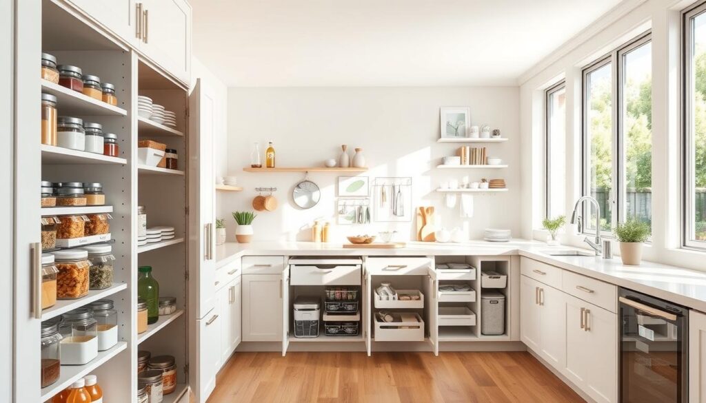 A bright, airy kitchen interior with creative cabinet organization ideas. In the foreground, a cabinet with neatly stacked containers, labeled jars, and compartmentalized shelves. The middle ground showcases a variety of clever storage solutions, such as pull-out drawers, hanging racks, and door-mounted organizers. The background features a clean, minimalist design with white walls, natural wood accents, and ample natural lighting from large windows. The overall mood is one of efficiency, organization, and modern simplicity.