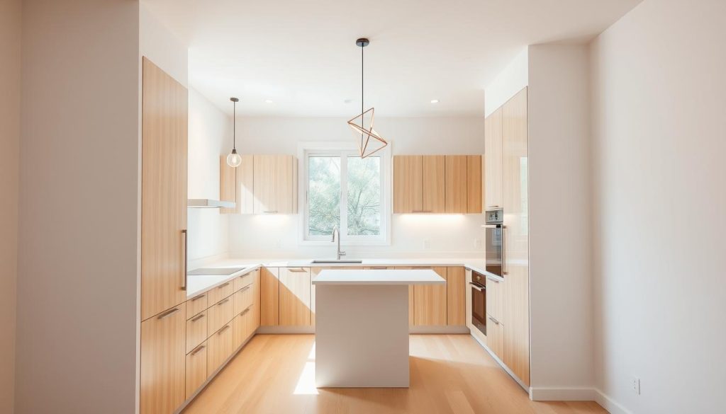 A bright, compact kitchen with a modern, minimalist design. The focal point is a sleek, single wall layout featuring light wood cabinets, white countertops, and a small, L-shaped island. Recessed lighting casts a warm, even glow, while a large window above the sink floods the space with natural light. Pendant lights with clean, geometric silhouettes hang over the island, providing both task and ambient lighting. The floor is a light-colored hardwood, and the walls are painted a soft, neutral tone, creating a serene, streamlined atmosphere. The overall impression is one of efficiency, functionality, and a considered approach to both form and function.