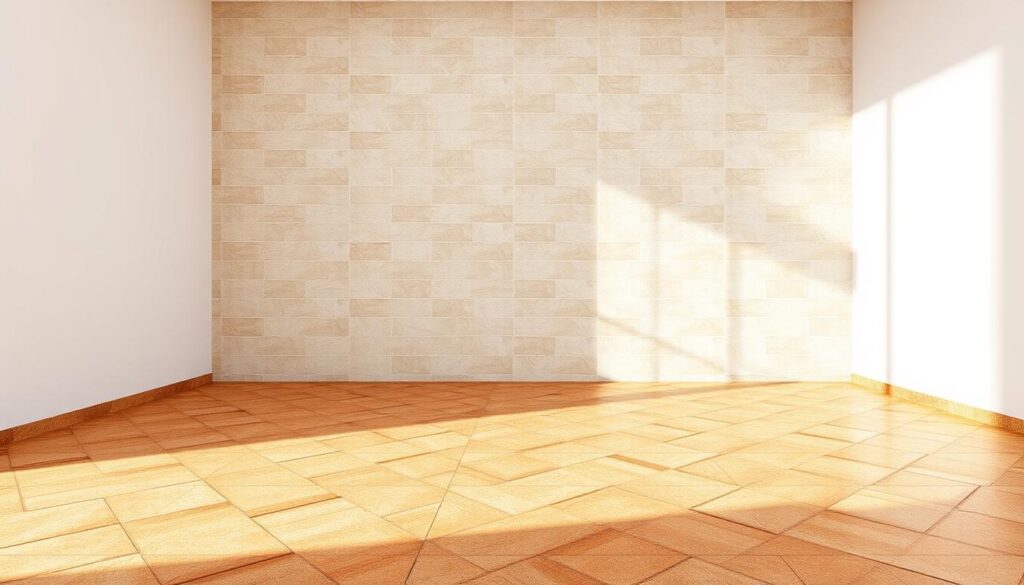 A bright, modern kitchen with a striking tile layout pattern that maximizes the illusion of space. The foreground features a geometric mosaic design in warm earthy tones, with intricate interlocking shapes that create a dynamic visual flow. In the middle ground, larger rectangular tiles in a neutral palette are arranged in a herringbone pattern, adding depth and dimension. The background showcases a clean, minimalist wall treatment, allowing the tiles to take center stage. Soft, diffused lighting from above casts gentle shadows, highlighting the textural qualities of the materials. The overall composition conveys a sense of harmony, creativity, and efficient spatial planning.