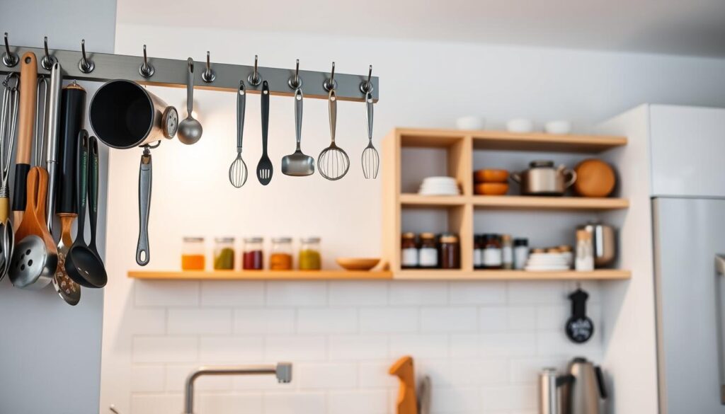 A bright, well-lit kitchen interior with functional wall storage solutions. In the foreground, a variety of cooking utensils and small cookware items neatly organized on a row of sturdy metal hooks mounted on the wall. The middle ground features open shelving units with jars, spices, and other kitchen essentials. The background showcases a minimalist, white-tiled backsplash and sleek, modern cabinetry. The overall scene has a clean, streamlined aesthetic, with a warm, natural lighting that enhances the utilitarian yet stylish atmosphere.