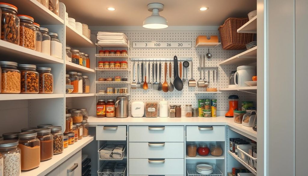 A bright, well-organized pantry with various storage solutions. In the foreground, clear glass jars and containers line the shelves, neatly labeled and filled with dry goods. In the middle, pull-out drawers and adjustable shelves provide customizable storage for canned goods, spices, and small appliances. The background features a pegboard system with hooks and baskets for hanging utensils, measuring cups, and other kitchen essentials. Warm, diffused lighting from overhead fixtures casts a welcoming glow, highlighting the efficient use of space and the clean, minimalist aesthetic. The pantry exudes a sense of order and functionality, perfectly suited for a small kitchen.