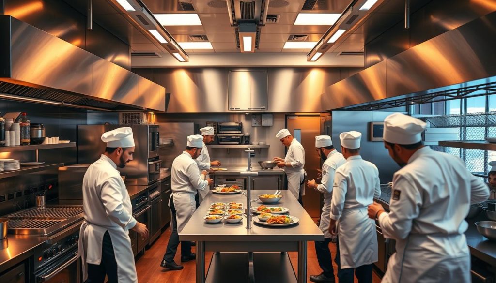 A bustling commercial kitchen with a well-orchestrated workflow. In the foreground, chefs in crisp white uniforms move with precision, expertly maneuvering around stainless steel workstations and commercial-grade appliances. The middle ground features a central island, providing a smooth flow of ingredients and finished dishes. The background is bathed in the warm glow of industrial lighting, casting shadows that accentuate the rhythmic dance of the kitchen staff. The scene is infused with a sense of efficiency and professionalism, capturing the essence of a functional work triangle in a modern, high-performance culinary space. A bustling commercial kitchen with a well-orchestrated workflow. In the foreground, chefs in crisp white uniforms move with precision, expertly maneuvering around stainless steel workstations and commercial-grade appliances. The middle ground features a central island, providing a smooth flow of ingredients and finished dishes. The background is bathed in the warm glow of industrial lighting, casting shadows that accentuate the rhythmic dance of the kitchen staff. The scene is infused with a sense of efficiency and professionalism, capturing the essence of a functional work triangle in a modern, high-performance culinary space.