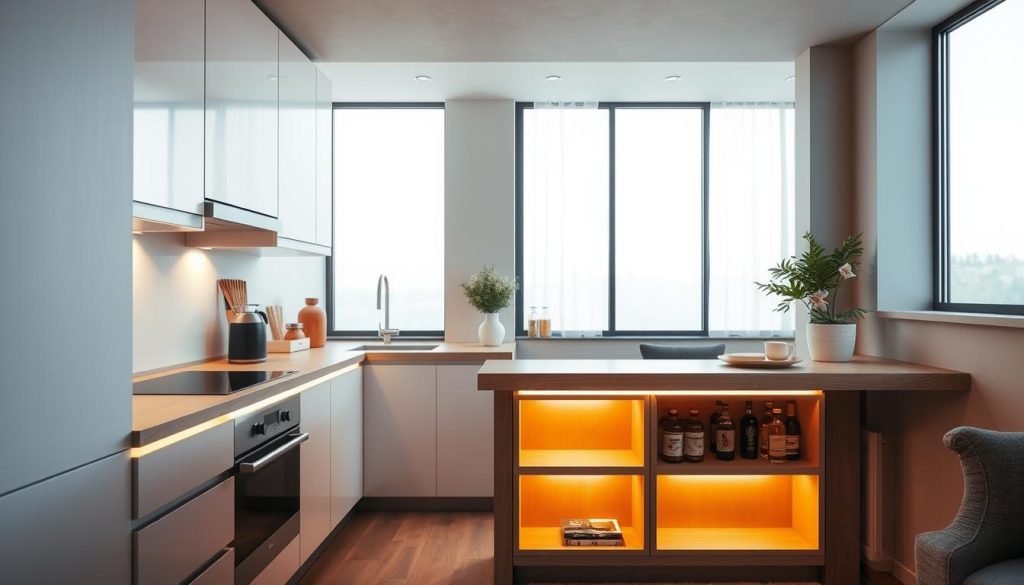 A compact kitchen with a sleek, modern bar design. The kitchen has clean lines, minimalist cabinetry, and a neutral color palette. The bar features a wooden countertop with integrated storage, creating a functional and visually appealing space. Ambient lighting illuminates the bar, casting a warm glow and highlighting the textural elements. The overall atmosphere is cozy and inviting, perfect for entertaining or casual dining. A large window in the background allows natural light to flood the space, creating a bright and airy ambiance. A compact kitchen with a sleek, modern bar design. The kitchen has clean lines, minimalist cabinetry, and a neutral color palette. The bar features a wooden countertop with integrated storage, creating a functional and visually appealing space. Ambient lighting illuminates the bar, casting a warm glow and highlighting the textural elements. The overall atmosphere is cozy and inviting, perfect for entertaining or casual dining. A large window in the background allows natural light to flood the space, creating a bright and airy ambiance.