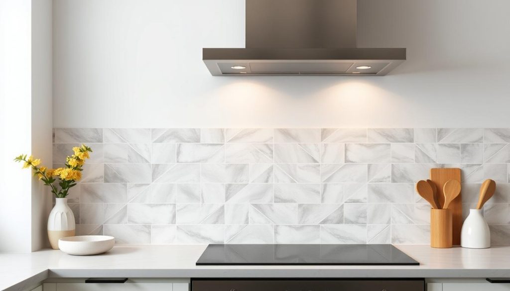 A contemporary kitchen backsplash design with a focus on subtle elegance and textural interest. The backsplash features a muted color palette of soft grays and whites, with a gentle herringbone pattern that adds depth and visual intrigue. The tiles have a slightly uneven, handcrafted appearance, creating a sense of artisanal craftsmanship. Soft, diffused lighting from above casts a warm, inviting glow, highlighting the backsplash's nuanced details. The overall aesthetic is one of refined simplicity, perfectly complementing the clean lines and minimalist design of the surrounding kitchen.