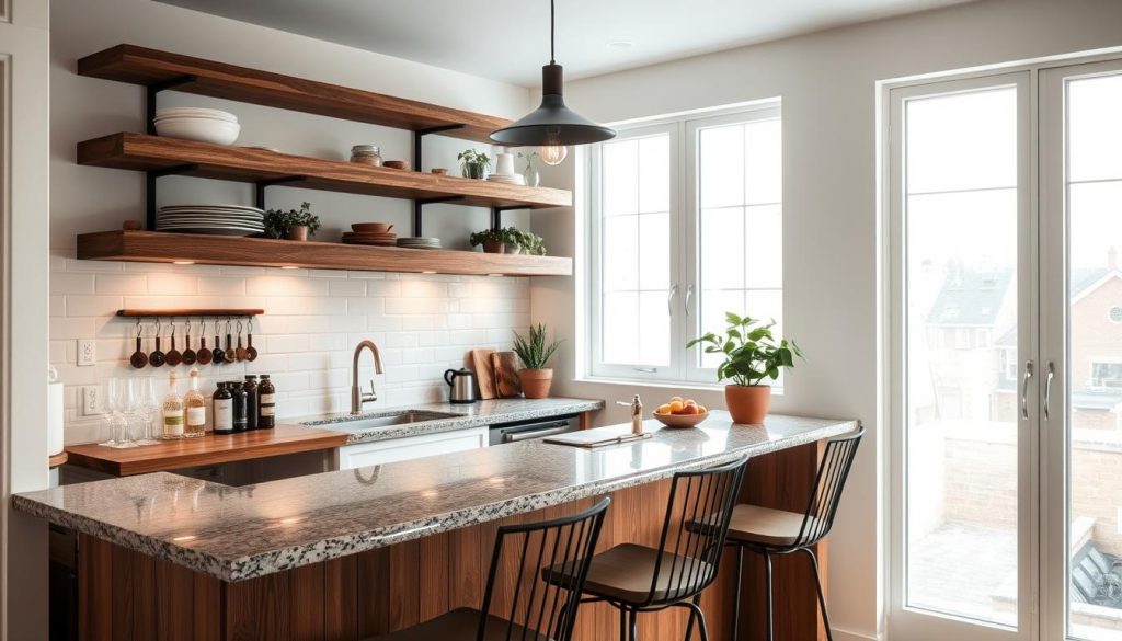 A cozy DIY small kitchen bar, featuring rustic wooden shelves, a sleek granite countertop, and minimalist bar stools. The space is filled with natural light from large windows, casting a warm, inviting glow. In the background, a backsplash of white subway tiles complements the clean, modern aesthetic. Hanging above the bar, a stylish pendant light fixture casts a soft, ambient illumination. The overall scene conveys a sense of comfort and functionality, perfect for a compact kitchen space. A cozy DIY small kitchen bar, featuring rustic wooden shelves, a sleek granite countertop, and minimalist bar stools. The space is filled with natural light from large windows, casting a warm, inviting glow. In the background, a backsplash of white subway tiles complements the clean, modern aesthetic. Hanging above the bar, a stylish pendant light fixture casts a soft, ambient illumination. The overall scene conveys a sense of comfort and functionality, perfect for a compact kitchen space.
