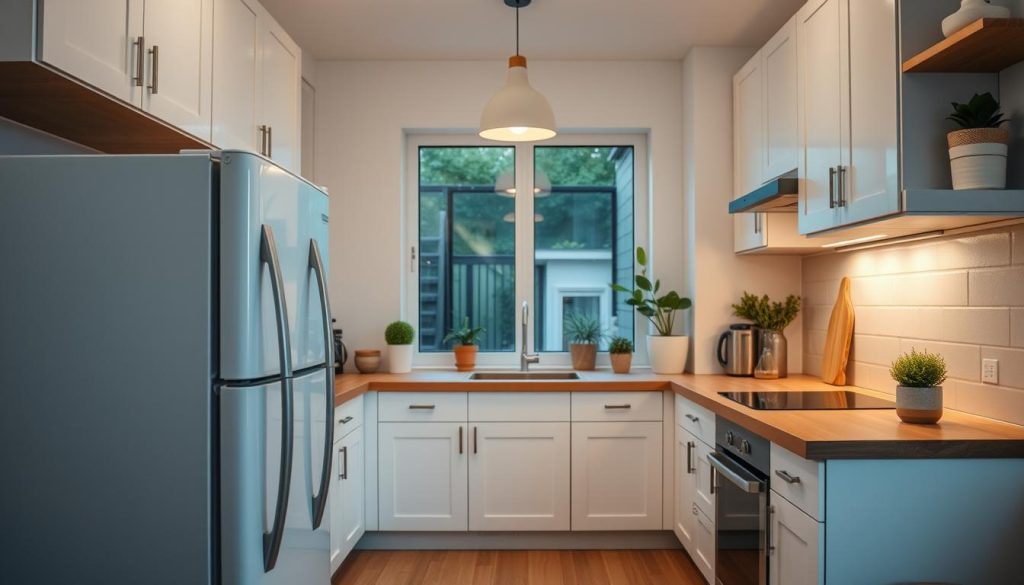 A cozy and efficient small kitchen with a sleek, modern fridge in the foreground. The kitchen features minimalist white cabinets, a butcher block countertop, and a compact sink. Subtle pendant lighting casts a warm glow, while a large window in the middle ground floods the space with natural light. In the background, a simple tile backsplash and a few potted plants add a touch of greenery. The overall layout is streamlined and optimized for small-space living, showcasing smart storage solutions and a harmonious blend of form and function.