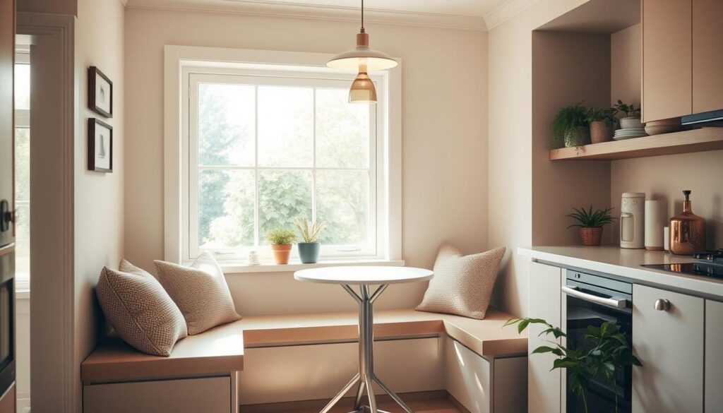 A cozy and functional kitchen nook, bathed in warm, natural light filtering through a large window. A built-in bench hugs the corner, its clean lines and neutral tone blending seamlessly with the minimalist aesthetic. Plush, textured cushions invite guests to linger, while a small round table stands ready for casual meals or afternoon tea. Sleek pendant lights cast a soft glow, complementing the muted color palette. Potted plants add a touch of greenery, infusing the space with a sense of vitality. The overall atmosphere is one of tranquility and effortless style, perfectly suited for a small yet inviting kitchen sitting area.
