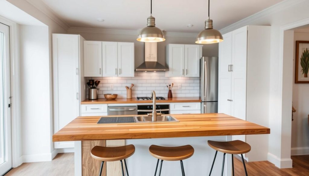 A cozy and inviting small kitchen island with a built-in bar setup. The island features a warm wood countertop, with a mix of modern and rustic design elements. Soft lighting from pendant lamps above casts a gentle glow, creating a welcoming atmosphere. The bar area has a few neatly arranged barstools, allowing for casual dining or socializing. In the background, the kitchen showcases clean white cabinetry and subway tile backsplash, complementing the overall aesthetic. The scene is captured at a slightly elevated angle, highlighting the harmonious integration of the bar into the compact kitchen layout. A cozy and inviting small kitchen island with a built-in bar setup. The island features a warm wood countertop, with a mix of modern and rustic design elements. Soft lighting from pendant lamps above casts a gentle glow, creating a welcoming atmosphere. The bar area has a few neatly arranged barstools, allowing for casual dining or socializing. In the background, the kitchen showcases clean white cabinetry and subway tile backsplash, complementing the overall aesthetic. The scene is captured at a slightly elevated angle, highlighting the harmonious integration of the bar into the compact kitchen layout.
