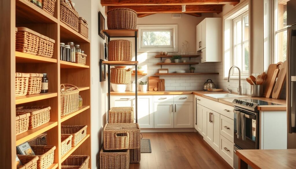 A cozy and organized kitchen interior, bathed in warm natural light filtering through large windows. In the foreground, an array of rattan and wicker baskets neatly arranged on sturdy wooden shelves, housing various kitchen items like herbs, spices, and dry goods. The middle ground features sleek white cabinets and drawers, complemented by hints of wood accents and minimalist hardware. In the background, a subway-tiled backsplash and stainless steel appliances create a clean, modern aesthetic. The overall atmosphere is one of efficiency, practicality, and a touch of rustic charm.