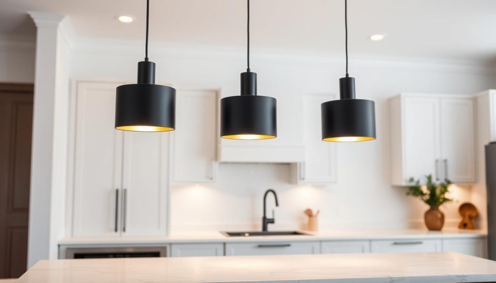 A cozy and stylish kitchen island with a trio of sleek, modern pendant lights suspended overhead. The lights have a simple, cylindrical design with a matte black finish, casting a warm, ambient glow across the island's white marble countertop. The kitchen's neutral color palette and clean lines create a sophisticated, minimalist atmosphere. The pendant lights are positioned at varying heights, adding depth and visual interest to the scene. Soft, diffused lighting illuminates the island, making it an inviting workspace and gathering spot for the homeowner. A cozy and stylish kitchen island with a trio of sleek, modern pendant lights suspended overhead. The lights have a simple, cylindrical design with a matte black finish, casting a warm, ambient glow across the island's white marble countertop. The kitchen's neutral color palette and clean lines create a sophisticated, minimalist atmosphere. The pendant lights are positioned at varying heights, adding depth and visual interest to the scene. Soft, diffused lighting illuminates the island, making it an inviting workspace and gathering spot for the homeowner.