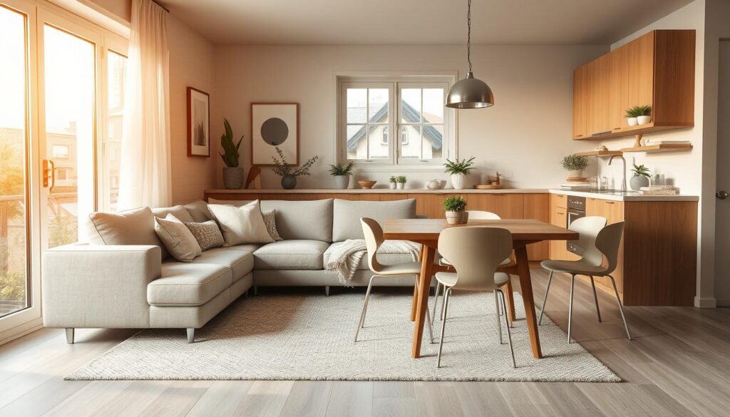 A cozy and stylish small kitchen lounge concept with a multifunctional, modular sofa in a neutral tone, complemented by plush pillows and a soft, textured rug. The space is bathed in warm, natural lighting from large windows, creating a bright and inviting atmosphere. A compact, wooden dining table with sleek, minimalist chairs is positioned adjacent to the lounge area, seamlessly blending the two zones. Subtle, decorative elements such as potted plants, wall art, and a pendant light fixture add visual interest and a touch of sophistication to the overall design.