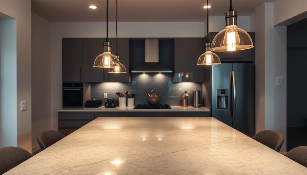 A cozy and well-lit small kitchen island, featuring a sleek granite countertop and modern pendant lights suspended from the ceiling. The pendant lamps emit a warm, ambient glow, creating a inviting and functional workspace. The kitchen cabinets and appliances are subtly integrated, allowing the island to take center stage. Soft shadows and reflections dance across the polished surfaces, adding depth and dimension to the scene. The overall mood is one of sophistication and efficiency, perfectly suited for a hardworking, modern small kitchen. A cozy and well-lit small kitchen island, featuring a sleek granite countertop and modern pendant lights suspended from the ceiling. The pendant lamps emit a warm, ambient glow, creating a inviting and functional workspace. The kitchen cabinets and appliances are subtly integrated, allowing the island to take center stage. Soft shadows and reflections dance across the polished surfaces, adding depth and dimension to the scene. The overall mood is one of sophistication and efficiency, perfectly suited for a hardworking, modern small kitchen.
