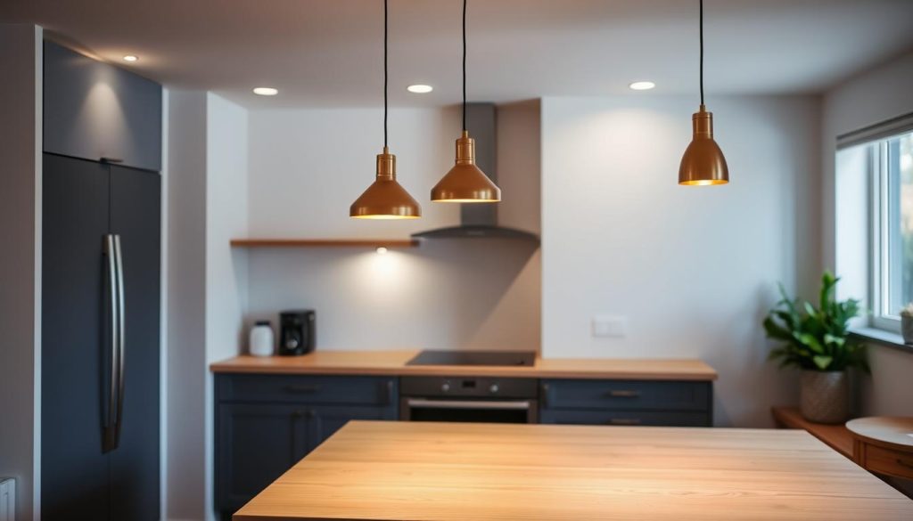 A cozy and well-lit small kitchen island, its surface bathed in a soft, ambient glow from a trio of brushed brass pendant lights hanging at varying heights. The island's clean, minimalist design features a smooth, light-colored wood countertop that contrasts with the dark, matte-finish cabinets below. Strategically placed task lighting, such as slim, recessed ceiling fixtures, illuminate the preparation area, creating a balanced, layered lighting scheme that enhances the overall functionality and aesthetic of the space. The scene evokes a warm, inviting atmosphere, perfect for casual meal prep or intimate conversation. A cozy and well-lit small kitchen island, its surface bathed in a soft, ambient glow from a trio of brushed brass pendant lights hanging at varying heights. The island's clean, minimalist design features a smooth, light-colored wood countertop that contrasts with the dark, matte-finish cabinets below. Strategically placed task lighting, such as slim, recessed ceiling fixtures, illuminate the preparation area, creating a balanced, layered lighting scheme that enhances the overall functionality and aesthetic of the space. The scene evokes a warm, inviting atmosphere, perfect for casual meal prep or intimate conversation.