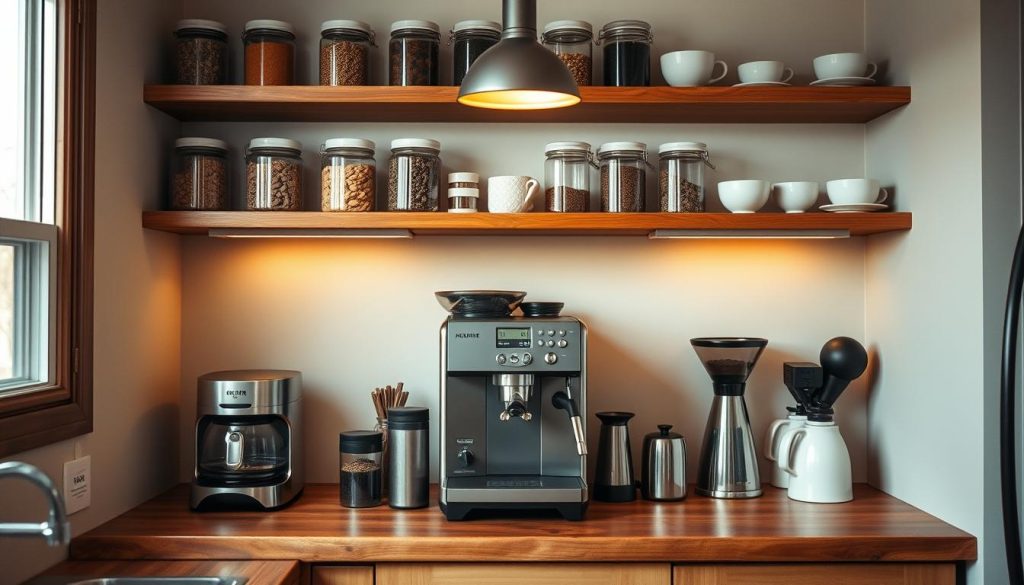 A cozy and well-organized coffee station in a small kitchen corner. A sleek, modern espresso machine sits atop a rustic wooden countertop, surrounded by a selection of artisanal coffee beans, a grinder, and stylish mugs. Overhead, an array of floating shelves displays an assortment of glass canisters filled with aromatic spices and delicate porcelain cups. Warm, indirect lighting from a pendant fixture creates a inviting ambiance, while natural light streams in through a nearby window, illuminating the space. The overall scene conveys a sense of efficiency, elegance, and the perfect balance of form and function for a compact kitchen setup.