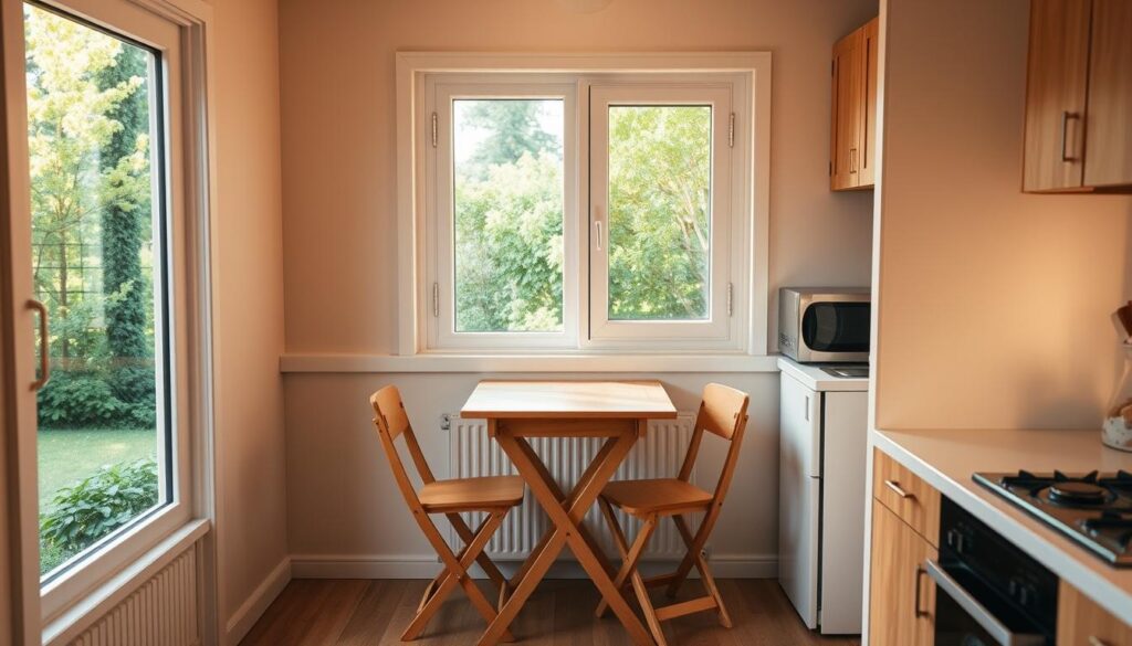 A cozy, compact kitchen dining space with a small, square folding table placed in the middle. The table is made of light-colored wood, with a minimalist design that blends seamlessly with the surrounding kitchen. The space is bathed in warm, natural lighting, streaming in through large windows that overlook a lush, green backyard. The walls are painted in a soft, neutral color, creating a calming and inviting atmosphere. A pair of simple, wooden chairs are positioned around the table, ready to accommodate a small gathering for a casual meal or conversation. The overall scene conveys a sense of comfort and functionality, perfectly suited for a small kitchen with limited space.
