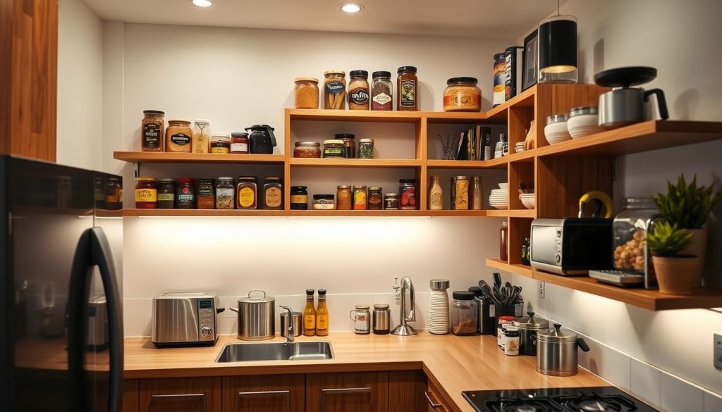 A cozy corner kitchen with compact pantry shelving ideas. Wooden shelves in a warm honey tone, meticulously arranged with jars, spices, and small appliances. Soft, indirect lighting casts a gentle glow, creating a welcoming and efficient workspace. The shelves are positioned to maximize the limited corner space, with a mix of deep and shallow units tailored for varied storage needs. A natural, organic aesthetic blends seamlessly with the overall kitchen design, showcasing clever storage solutions for a compact cooking area. A cozy corner kitchen with compact pantry shelving ideas. Wooden shelves in a warm honey tone, meticulously arranged with jars, spices, and small appliances. Soft, indirect lighting casts a gentle glow, creating a welcoming and efficient workspace. The shelves are positioned to maximize the limited corner space, with a mix of deep and shallow units tailored for varied storage needs. A natural, organic aesthetic blends seamlessly with the overall kitchen design, showcasing clever storage solutions for a compact cooking area.