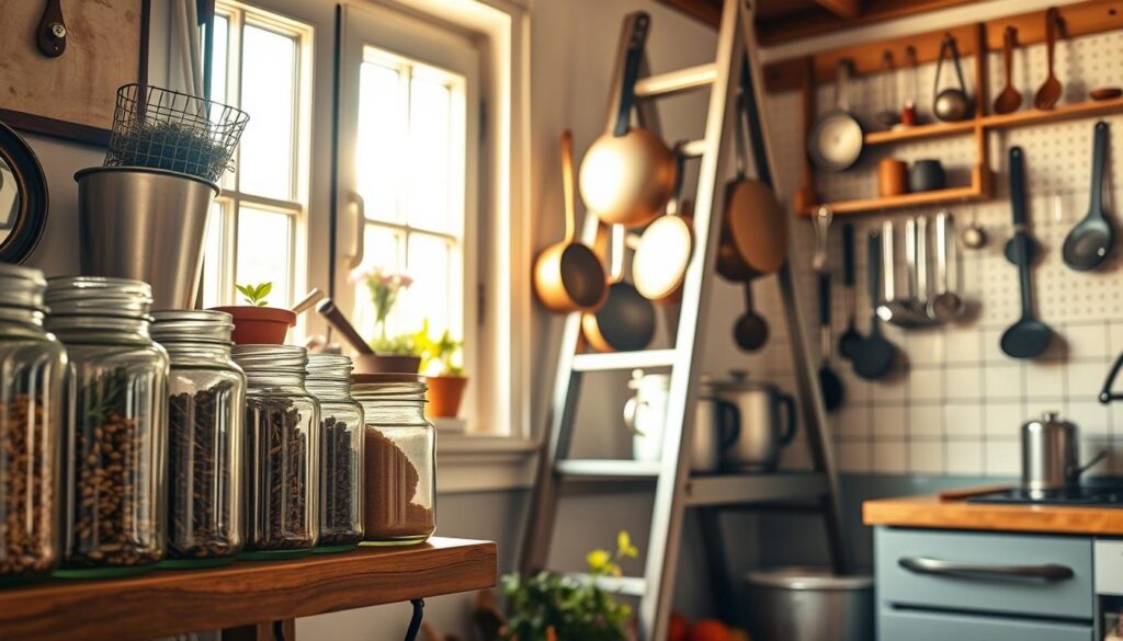 A cozy kitchen interior with an assortment of repurposed household items cleverly transformed into storage solutions. In the foreground, a row of vintage glass jars on a rustic wooden shelf, filled with dried herbs and spices. In the middle ground, a foldable ladder repurposed as a display for hanging pots and pans, casting a warm glow from the natural light streaming in through the window. In the background, a pegboard wall adorned with creatively organized utensils, measuring cups, and other kitchen essentials. The atmosphere is inviting and homey, with a touch of farmhouse charm. Crisp, high-resolution, photorealistic.