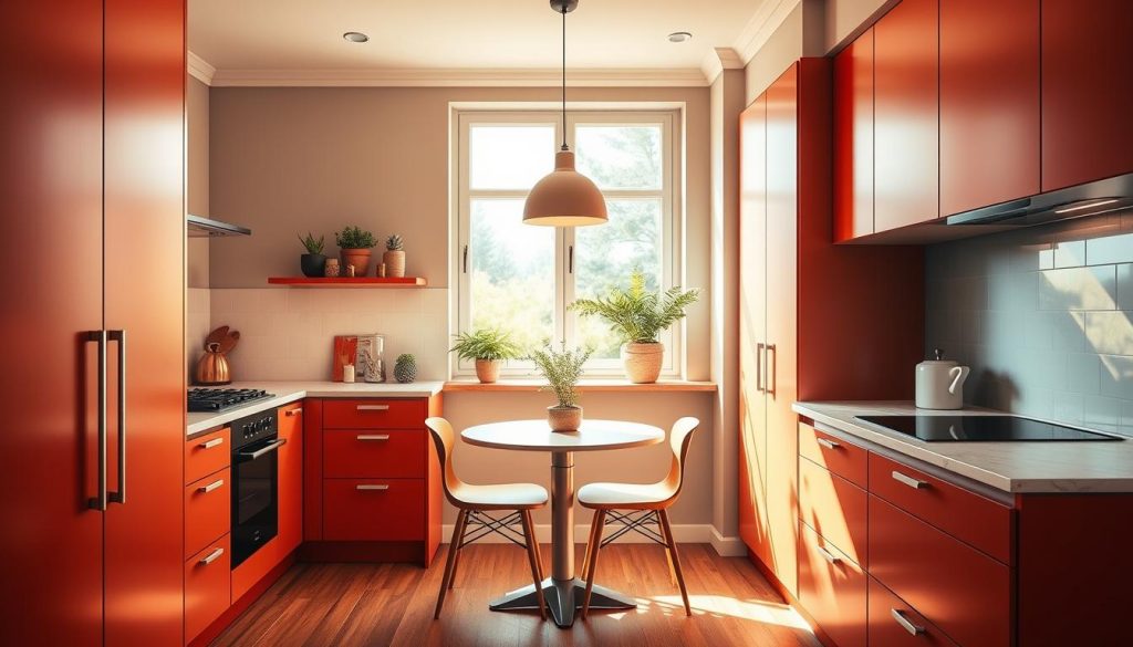 A cozy kitchen interior with vibrant, harmonious color schemes. The foreground features sleek, modern cabinets in a rich, earthy tone, complemented by a marble countertop and minimalist backsplash. In the middle ground, a small kitchen table with simple, natural wood chairs. The background showcases a large window, allowing warm, natural light to flood the space and highlighting the carefully curated color palette. The overall mood is inviting, serene, and designed to maximize the sense of space in a compact room. Soft, ambient lighting, a touch of greenery, and clean, modern lines create a sophisticated yet practical aesthetic. A cozy kitchen interior with vibrant, harmonious color schemes. The foreground features sleek, modern cabinets in a rich, earthy tone, complemented by a marble countertop and minimalist backsplash. In the middle ground, a small kitchen table with simple, natural wood chairs. The background showcases a large window, allowing warm, natural light to flood the space and highlighting the carefully curated color palette. The overall mood is inviting, serene, and designed to maximize the sense of space in a compact room. Soft, ambient lighting, a touch of greenery, and clean, modern lines create a sophisticated yet practical aesthetic.