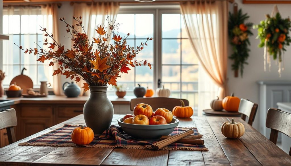 A cozy seasonal kitchen decor scene, with a rustic wooden table set with a plaid tablecloth, a bowl of fresh apples, and a vase of autumn leaves and wildflowers. The countertops are adorned with pumpkins, gourds, and cinnamon sticks, casting a warm glow from the soft, diffused lighting. In the background, a large window overlooks a scenic autumn landscape, framed by delicate sheer curtains. The overall atmosphere is one of comfort, coziness, and the charming embrace of the changing seasons.