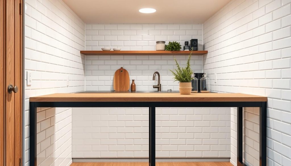 A cozy small kitchen bar counter with a sleek modern design, featuring a wooden top and minimalist black metal frame. The counter is set against a backdrop of white subway tiles, creating a clean and bright ambiance. Soft diffused lighting from above illuminates the space, highlighting the textural elements and creating a warm, inviting atmosphere. The counter's compact size is balanced by the efficient layout, optimizing the available space for both food preparation and casual dining. Subtle yet stylish accessories, such as a potted plant and a few simple glass vessels, add a touch of personality to the scene. A cozy small kitchen bar counter with a sleek modern design, featuring a wooden top and minimalist black metal frame. The counter is set against a backdrop of white subway tiles, creating a clean and bright ambiance. Soft diffused lighting from above illuminates the space, highlighting the textural elements and creating a warm, inviting atmosphere. The counter's compact size is balanced by the efficient layout, optimizing the available space for both food preparation and casual dining. Subtle yet stylish accessories, such as a potted plant and a few simple glass vessels, add a touch of personality to the scene.