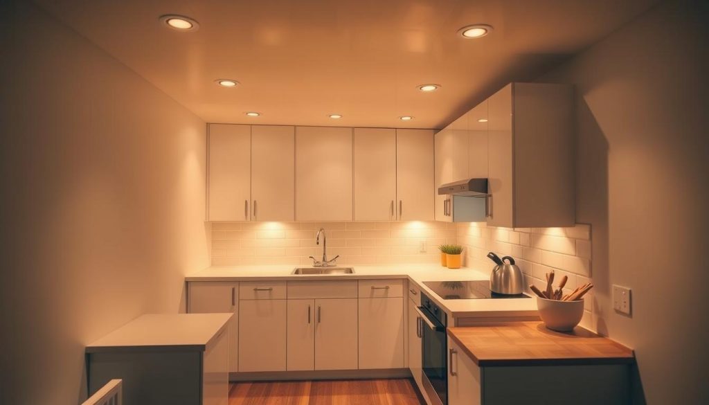A cozy small kitchen bathed in warm, recessed lighting. The soft, indirect illumination highlights the clean lines of the minimalist cabinetry and tile backsplash. The light sources are seamlessly integrated into the ceiling, casting a gentle, even glow across the compact countertops and understated hardwood floors. The overall atmosphere is inviting and efficient, perfect for meal preparation in a limited space. A cozy small kitchen bathed in warm, recessed lighting. The soft, indirect illumination highlights the clean lines of the minimalist cabinetry and tile backsplash. The light sources are seamlessly integrated into the ceiling, casting a gentle, even glow across the compact countertops and understated hardwood floors. The overall atmosphere is inviting and efficient, perfect for meal preparation in a limited space.