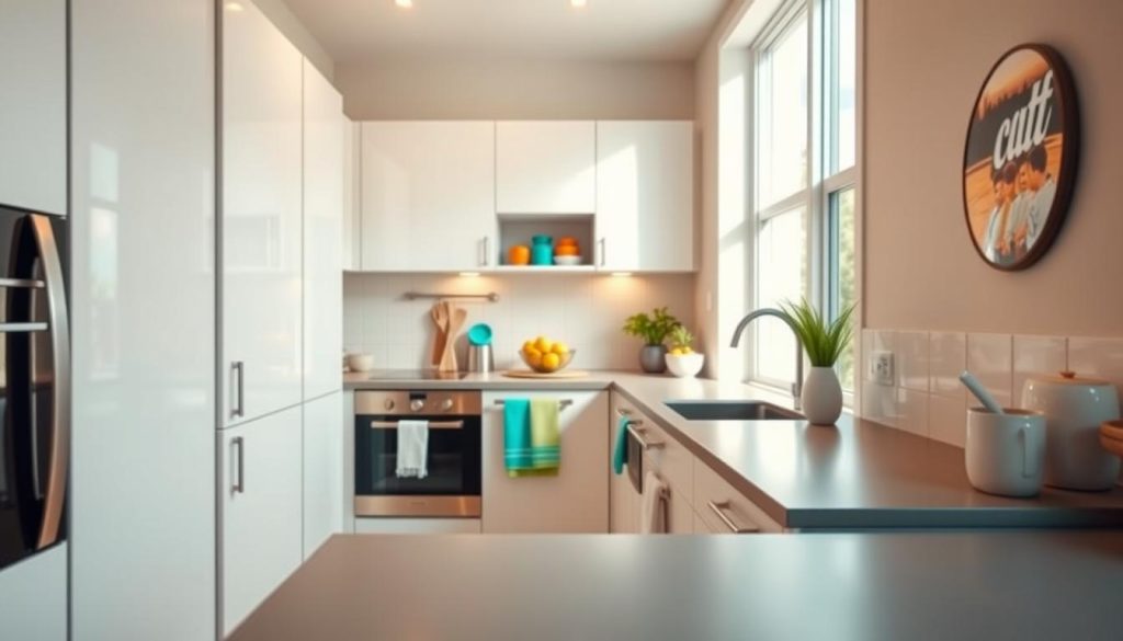 A cozy small kitchen with vibrant hues, warm lighting, and clean lines. In the foreground, sleek white cabinets and a minimalist grey countertop create a sense of openness. The middle ground features colorful accent pieces, like a lemon-yellow fruit bowl and a turquoise kitchen towel, adding pops of life. The background showcases a large window, letting in natural light and creating the illusion of a more expansive space. The overall scene has a serene, inviting atmosphere, making the kitchen feel both functional and visually appealing.