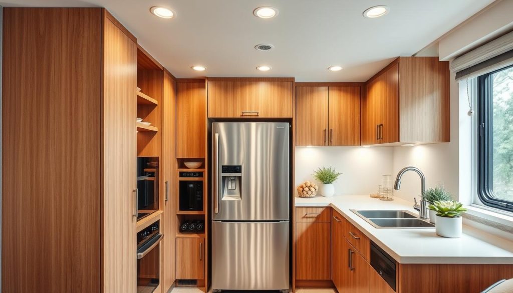 A cozy, well-designed small kitchen with a fully integrated refrigerator. Sleek, minimalist cabinets in a warm, natural wood tone seamlessly blend the fridge into the overall kitchen layout. Soft, even lighting from recessed ceiling fixtures casts a gentle glow, highlighting the clean lines and thoughtful details. A mix of open shelving and closed storage creates a balanced, functional space. The fridge's stainless steel finish complements the kitchen's modern aesthetic, while its flush integration maintains a cohesive, uncluttered appearance. Subtle hints of greenery and thoughtful styling add pops of organic charm to the refined, practical design.