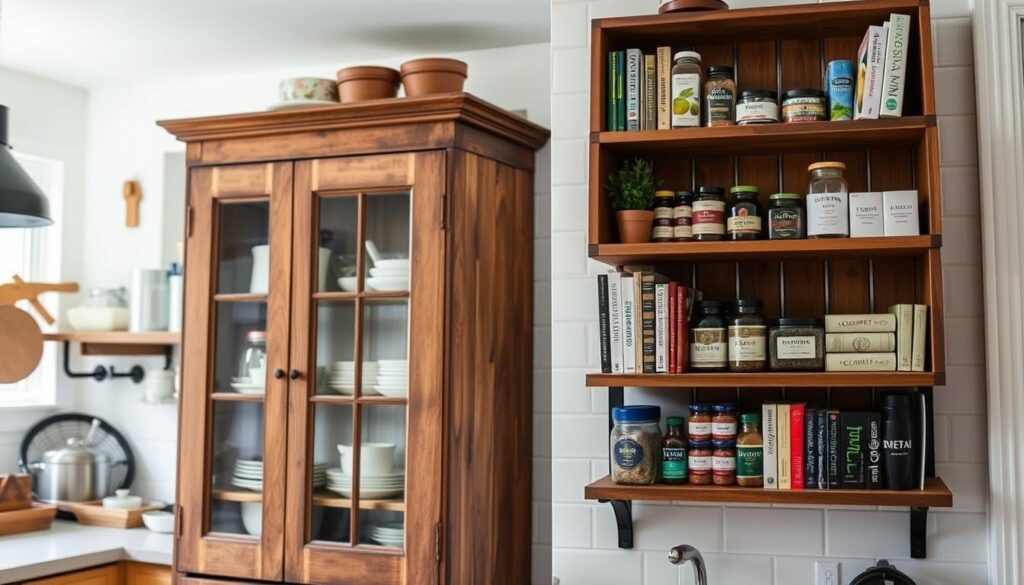 A cozy, well-lit DIY kitchen with repurposed furniture for wall storage. In the foreground, a rustic wooden cabinet with neatly organized shelves, displaying an assortment of kitchen items. The middle ground features a wall-mounted bookshelf crafted from an old wooden crate, housing various herbs, spices, and cookbooks. The background showcases a bright, airy kitchen with white subway tiles, natural lighting, and a minimalist, yet functional design. The overall atmosphere exudes a sense of warmth, creativity, and efficient use of space, perfectly capturing the essence of repurposing old furniture for wall storage in a small kitchen.
