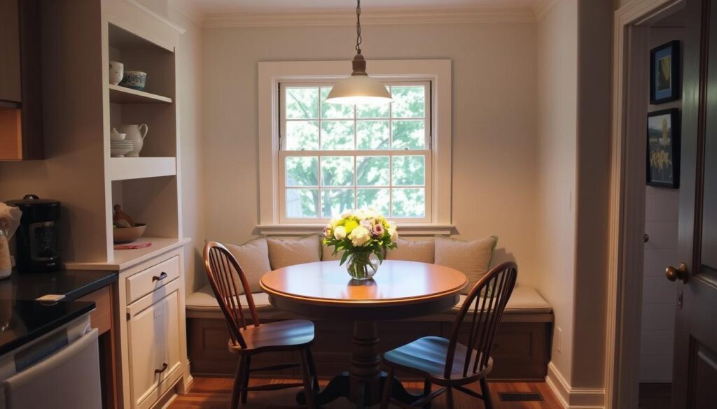 A cozy, well-lit kitchen nook with a small round dining table, surrounded by cushioned bench seating and a pair of wooden chairs. The table is adorned with a simple floral centerpiece, casting a warm, inviting glow. The walls are painted in a soft, neutral tone, complemented by open shelving displaying decorative ceramics. Warm hardwood floors and a pendant light fixture above the table create a harmonious, intimate atmosphere, perfect for enjoying a casual meal in a limited space.