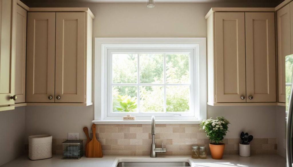 A cozy, well-lit kitchen with budget-friendly upper cabinets in a soft, muted color palette. The cabinets have a simple, clean-lined design with a subtle texture, complemented by sleek hardware. In the middle ground, a farmhouse-inspired backsplash with a mix of neutral tiles creates a warm, rustic ambiance. The background features a bright, airy window overlooking a lush, verdant garden, casting a gentle glow throughout the space. The overall atmosphere is one of understated elegance and practical functionality, making this a versatile and affordable option for small kitchen upper cabinet ideas.