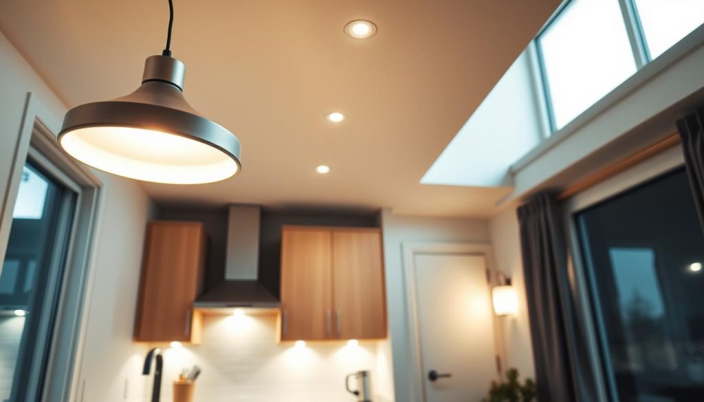 A cozy, well-lit small kitchen with a mix of task and ambient lighting. The foreground showcases a sleek, minimalist pendant light above a modern kitchen island, casting a warm glow. In the middle ground, under-cabinet lighting illuminates the countertops, while recessed downlights provide overall brightness. The background features a mix of natural light from a large window and strategically placed wall sconces, creating a harmonious and functional lighting scheme for the compact space. A cozy, well-lit small kitchen with a mix of task and ambient lighting. The foreground showcases a sleek, minimalist pendant light above a modern kitchen island, casting a warm glow. In the middle ground, under-cabinet lighting illuminates the countertops, while recessed downlights provide overall brightness. The background features a mix of natural light from a large window and strategically placed wall sconces, creating a harmonious and functional lighting scheme for the compact space.