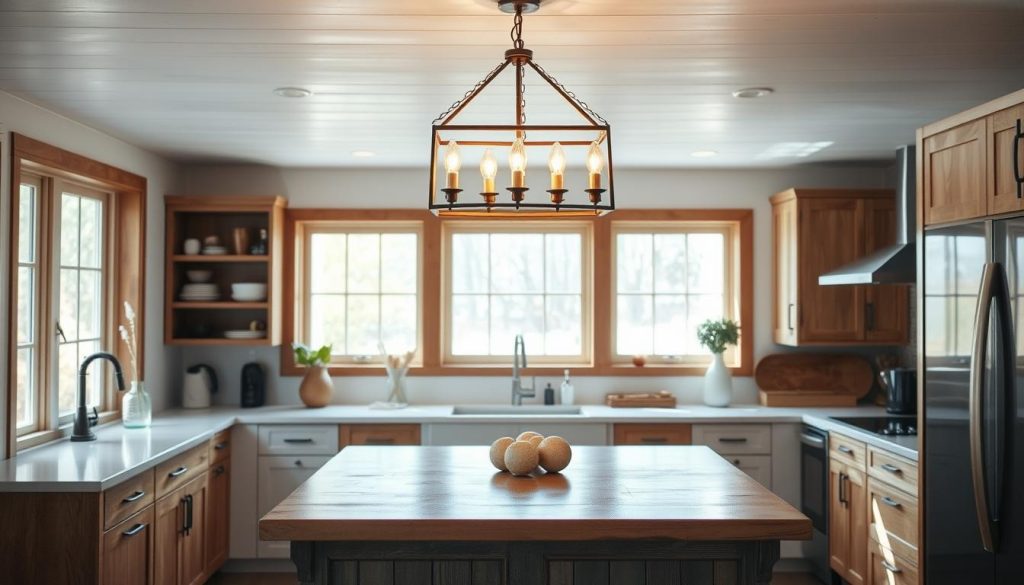 A cozy, well-lit small kitchen with a rustic wooden island and a chic, minimalist chandelier overhead. The chandelier features clean, geometric lines and a brushed metal finish, casting a warm, ambient glow across the space. The kitchen is flooded with natural light from large windows, creating a bright and airy atmosphere. The island has a simple, functional design with a sleek countertop, providing ample workspace and storage. The overall style is a harmonious blend of modern and traditional elements, creating a sophisticated yet inviting atmosphere. A cozy, well-lit small kitchen with a rustic wooden island and a chic, minimalist chandelier overhead. The chandelier features clean, geometric lines and a brushed metal finish, casting a warm, ambient glow across the space. The kitchen is flooded with natural light from large windows, creating a bright and airy atmosphere. The island has a simple, functional design with a sleek countertop, providing ample workspace and storage. The overall style is a harmonious blend of modern and traditional elements, creating a sophisticated yet inviting atmosphere.