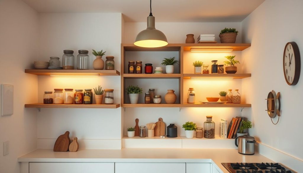 A cozy, well-lit small kitchen with open wooden shelves showcasing a curated collection of jars, plants, and kitchen essentials. The shelves are arranged in a minimalist, functional manner, providing easy access to frequently used items. Warm, diffused lighting from a single pendant fixture above casts a soft glow, highlighting the natural textures of the wood and the items on display. The kitchen itself features clean, white cabinetry and countertops, creating a bright, airy atmosphere that complements the open shelving. The overall scene conveys a sense of organization, simplicity, and a touch of rustic charm.