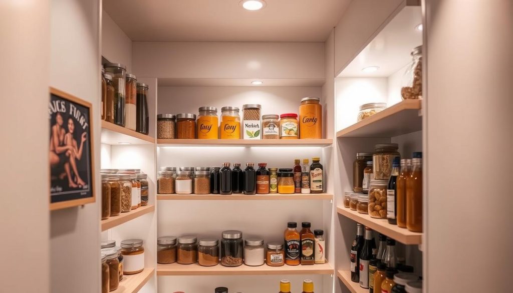 A cozy, well-lit small pantry with smart, recessed LED lighting gently illuminating the shelves filled with neatly organized jars, cans, and spice bottles. The pantry has clean, white walls and a minimalist wooden or laminate shelving system. The lighting is soft and diffused, creating a warm, inviting atmosphere. The camera angle is slightly elevated, capturing the pantry's depth and highlighting the thoughtful layout and efficient use of space. The overall impression is one of a functional, modern, and aesthetically pleasing storage solution for a compact kitchen. A cozy, well-lit small pantry with smart, recessed LED lighting gently illuminating the shelves filled with neatly organized jars, cans, and spice bottles. The pantry has clean, white walls and a minimalist wooden or laminate shelving system. The lighting is soft and diffused, creating a warm, inviting atmosphere. The camera angle is slightly elevated, capturing the pantry's depth and highlighting the thoughtful layout and efficient use of space. The overall impression is one of a functional, modern, and aesthetically pleasing storage solution for a compact kitchen.