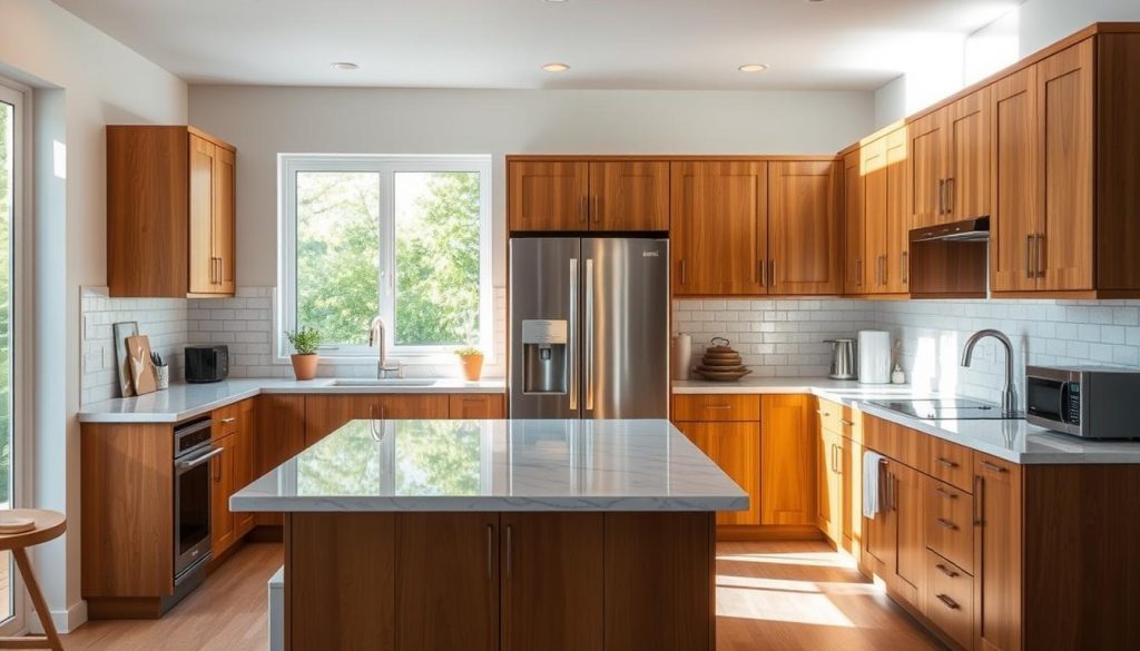 A cozy, well-organized kitchen with a multi-functional island in the foreground. Warm, natural lighting illuminates the space, casting a soft glow on the wooden cabinets and marble countertops. In the middle ground, a sleek, stainless-steel refrigerator blends seamlessly with the modern decor. The background features a minimalist backsplash and a window that offers a glimpse of a lush, verdant garden, creating a harmonious and inviting atmosphere.