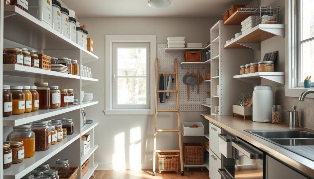 A cozy, well-organized pantry in a tiny kitchen, bathed in soft, natural light from a window. The foreground features a variety of labeled storage containers, jars, and baskets neatly arranged on sleek, minimalist shelves. In the middle ground, a rolling ladder allows access to higher shelves, maximizing vertical space. The background showcases a mix of open and closed storage solutions, including a pegboard system and pull-out drawers, all in a soothing, muted color palette that complements the kitchen's decor. The overall atmosphere conveys a sense of order, efficiency, and a thoughtful approach to maximizing limited space. A cozy, well-organized pantry in a tiny kitchen, bathed in soft, natural light from a window. The foreground features a variety of labeled storage containers, jars, and baskets neatly arranged on sleek, minimalist shelves. In the middle ground, a rolling ladder allows access to higher shelves, maximizing vertical space. The background showcases a mix of open and closed storage solutions, including a pegboard system and pull-out drawers, all in a soothing, muted color palette that complements the kitchen's decor. The overall atmosphere conveys a sense of order, efficiency, and a thoughtful approach to maximizing limited space.