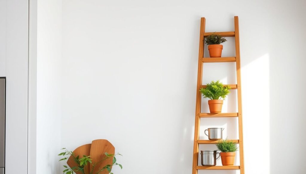 A decorative wooden ladder stands proudly against a white kitchen wall, its rungs adorned with small potted plants and neatly arranged kitchenware. The ladder's warm, natural tones contrast beautifully with the clean, minimalist backdrop, creating a harmonious and visually striking storage solution. Soft, diffused lighting from above casts a gentle glow, highlighting the texture of the wood and the vibrant foliage. The scene exudes a sense of rustic charm and functional elegance, perfectly suited for a small kitchen space.