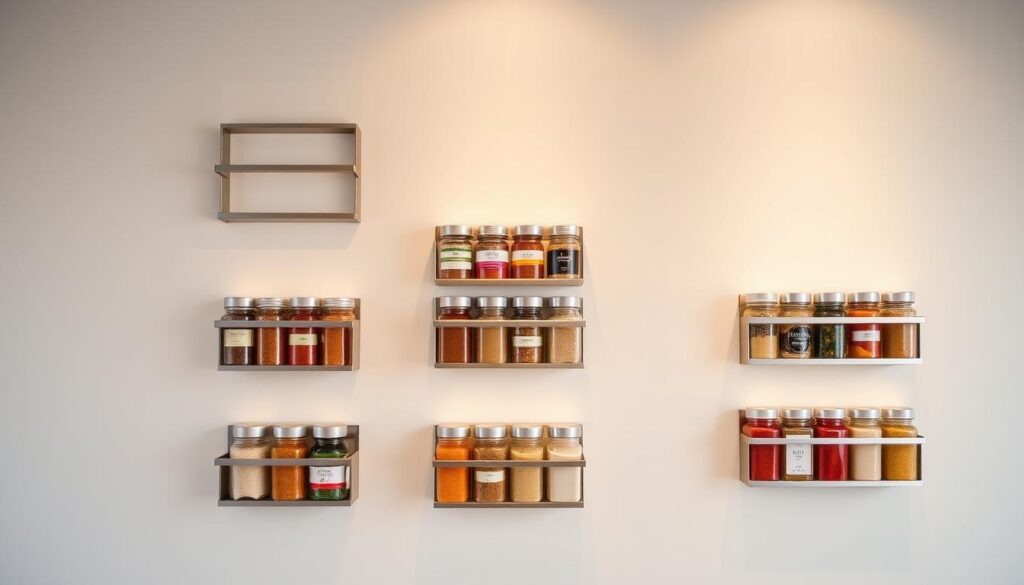 A minimalist kitchen wall, adorned with sleek, rectangular magnetic spice racks. Each rack features a smooth, metallic finish, subtly reflecting the warm, ambient lighting. The spice jars, neatly arranged, create a visually striking pattern against the muted, neutral-toned backdrop. The layout is clean and streamlined, with the racks strategically positioned to maximize storage and accessibility. The overall scene exudes a sense of order and efficiency, perfectly suited for the modern, well-organized kitchen.