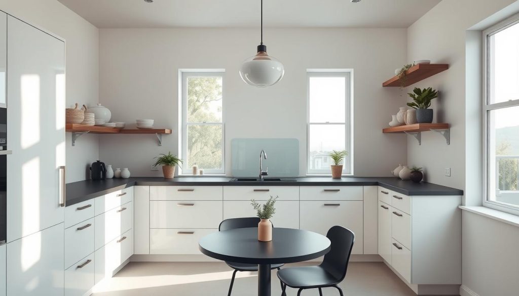 A minimalist kitchen with clean lines and a focus on vertical space. Bright, natural lighting streams in through large windows, casting a warm glow on the sleek, white cabinets that stretch up to the ceiling. Floating shelves line the walls, showcasing a curated collection of ceramics and plants. The countertop is a simple, uncluttered expanse of smooth, matte black material. A single, minimalist pendant light hovers over a small, circular dining table, creating a cozy, intimate atmosphere. The overall design is streamlined and efficient, maximizing the available space with a thoughtful, intentional approach. A minimalist kitchen with clean lines and a focus on vertical space. Bright, natural lighting streams in through large windows, casting a warm glow on the sleek, white cabinets that stretch up to the ceiling. Floating shelves line the walls, showcasing a curated collection of ceramics and plants. The countertop is a simple, uncluttered expanse of smooth, matte black material. A single, minimalist pendant light hovers over a small, circular dining table, creating a cozy, intimate atmosphere. The overall design is streamlined and efficient, maximizing the available space with a thoughtful, intentional approach.