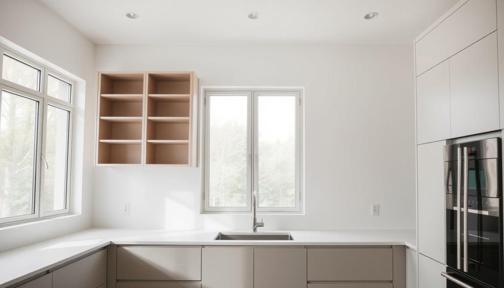 A minimalist kitchen with clean, sleek lines and a neutral color palette. Sparse upper cabinets with a modern, recessed design, showcasing a balance of open and closed storage. Abundant natural light filters through large windows, casting a soft, diffused glow throughout the space. Smooth, matte-finish countertops complement the understated elegance of the cabinetry. The overall atmosphere is one of calm, uncluttered simplicity, emphasizing functionality and a harmonious aesthetic.